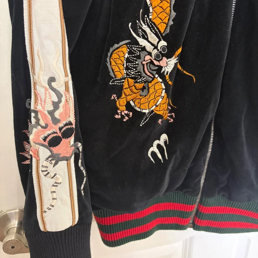 Gucci Black Velvet Dragon Embroidered Web Stripe Zip Up Hoodie Mens Large